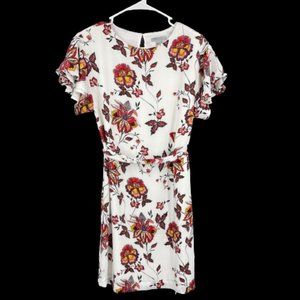 H&M Mini Dress Womens 6 White Floral Scoop Neck Ruffled Short Sleeve Lightweight
